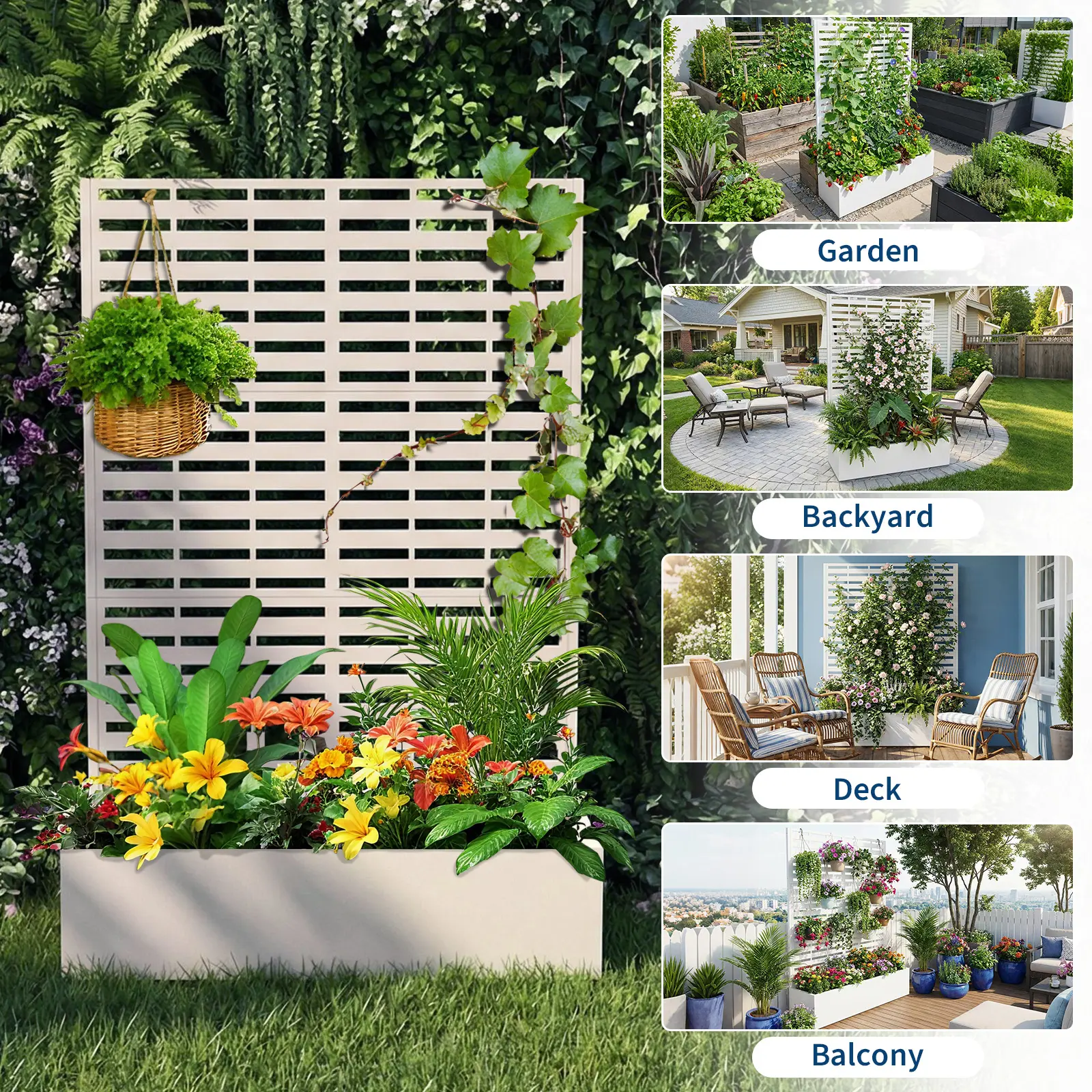 70.1" Galvanized Metal Planter Box with Trellis, 45" Wide Raised Garden Bed with Drainage, Privacy Screen for Climbing Plants & Veggies