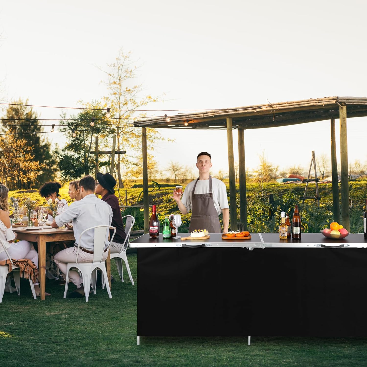 Portable Bar Table, Pop Up Folding Mobile Bar Bartender Table with Carry Bag for Events, Party, Camping, Tradeshow, Exhibition, Easy Setup, Black, 82"x33"x15"