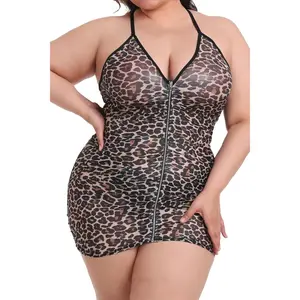 Goddess SelectionPlus Size Sheer Stretch Mesh Babydoll Dress Zipper Shirring Halter Chemise Curvy Sexy Lingerie for Women