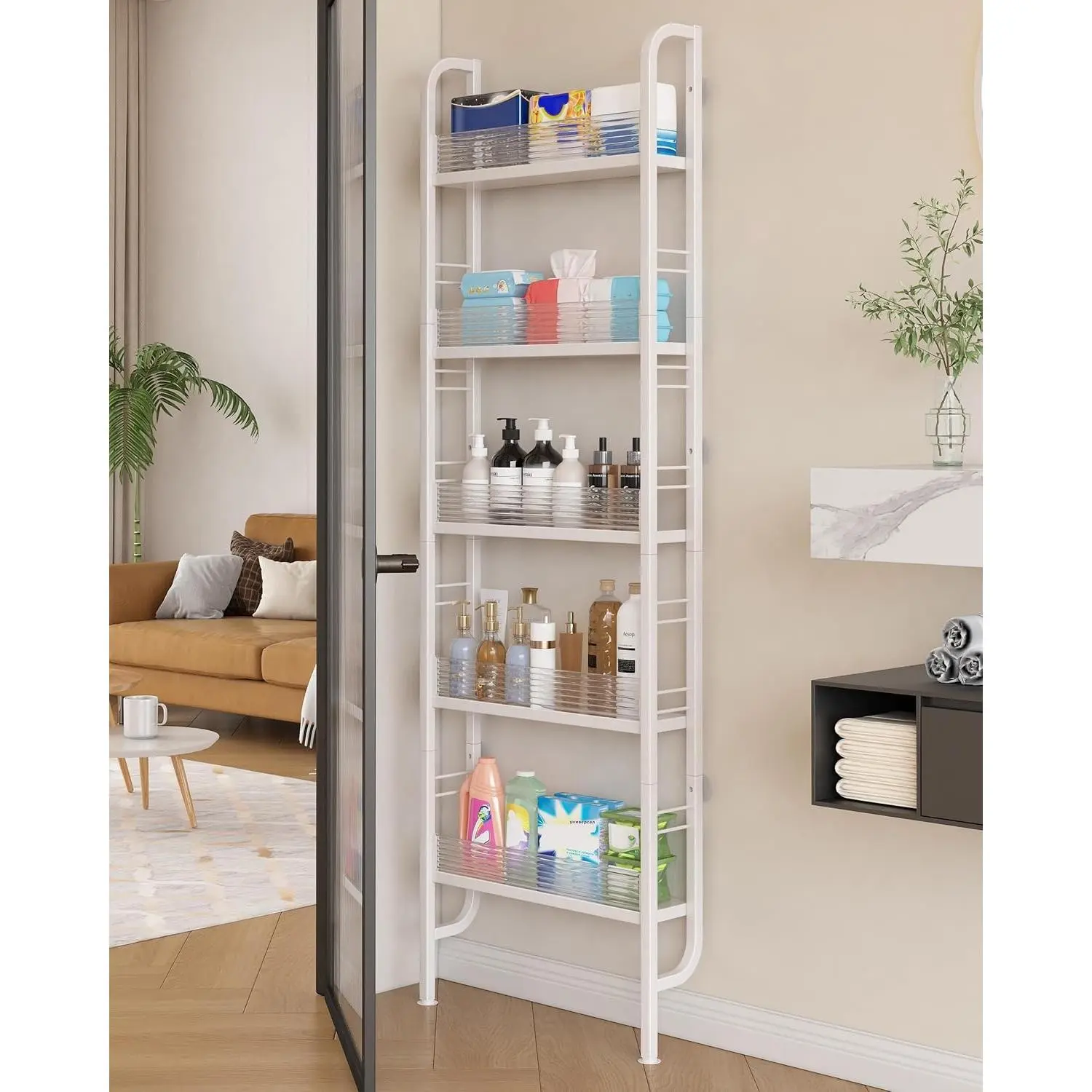 Behind The Door Bathroom Shelf Narrow 5-Tier, Slim Space-Saving Storage Shelf, Freestanding Narrow Shelving Unit for Bathroom, Kitchen, Closet and Laundry Room