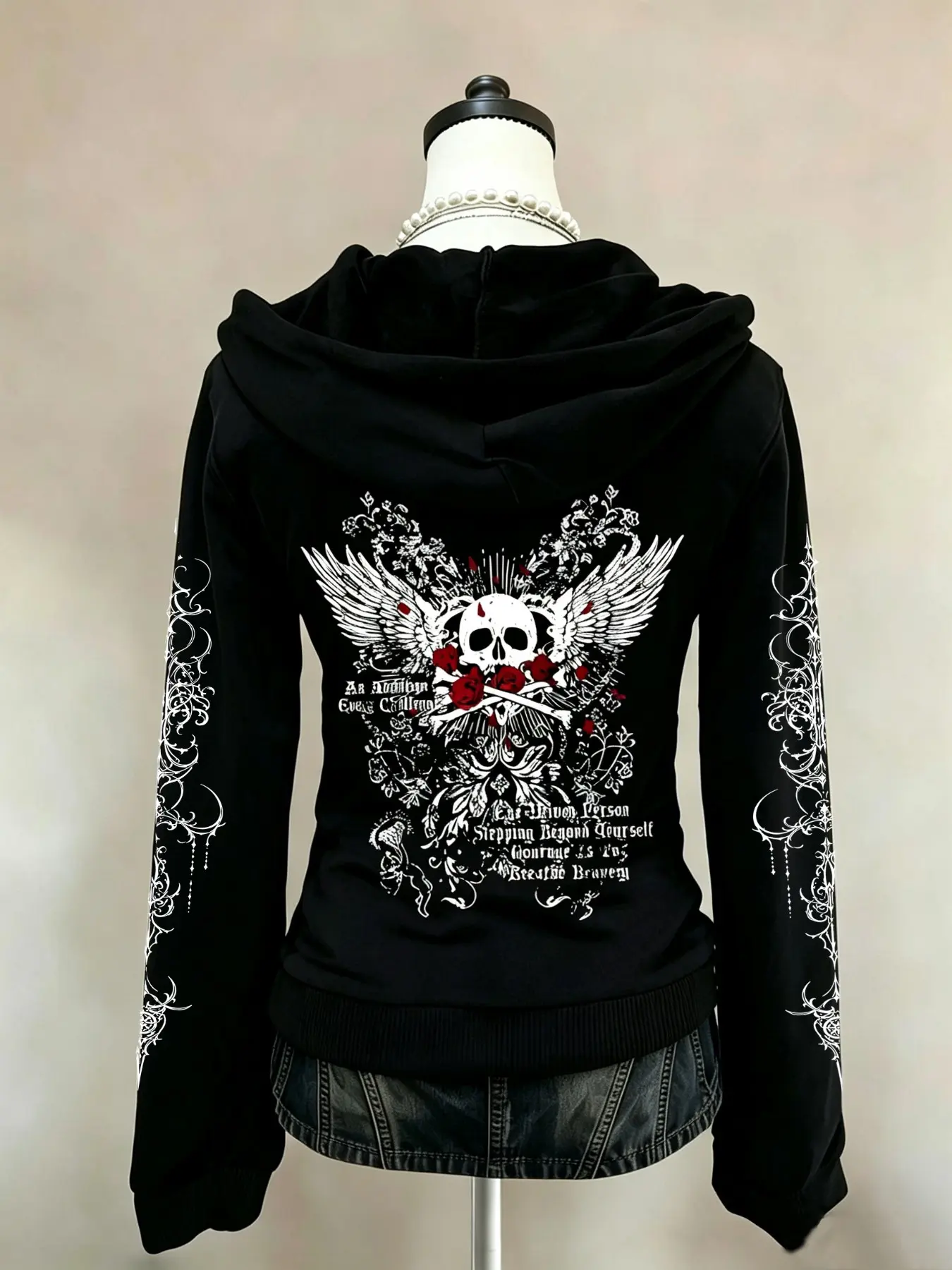 Women's Gothic Zip-Up Hoodie with Skull, Wing, and Rose Print – Long-Sleeve Slim-Fit Y2K Punk Streetwear Jacket