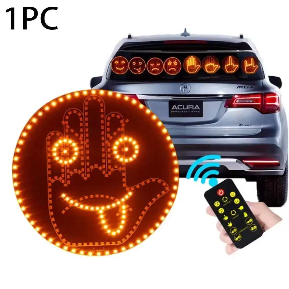1pc Expression Fun Gesture LED Car Rear Windshield Display Sign, Round Light-up Emoticon Message Board with Remote Car Lights, Fun Car Accessories