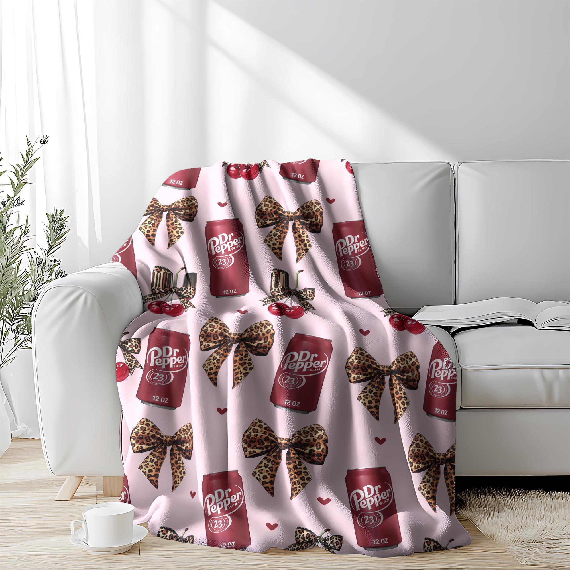 Dr Pepper Flannel Leopard print bow Throw Blanket cozy soft fluffy blanket decorative giftable soft fleece blanket figure print slogan reversible fluffy