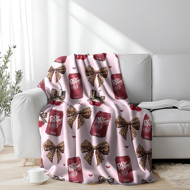 Dr Pepper Flannel Leopard print bow Throw Blanket cozy soft fluffy blanket decorative giftable soft fleece blanket figure print slogan reversible fluffy
