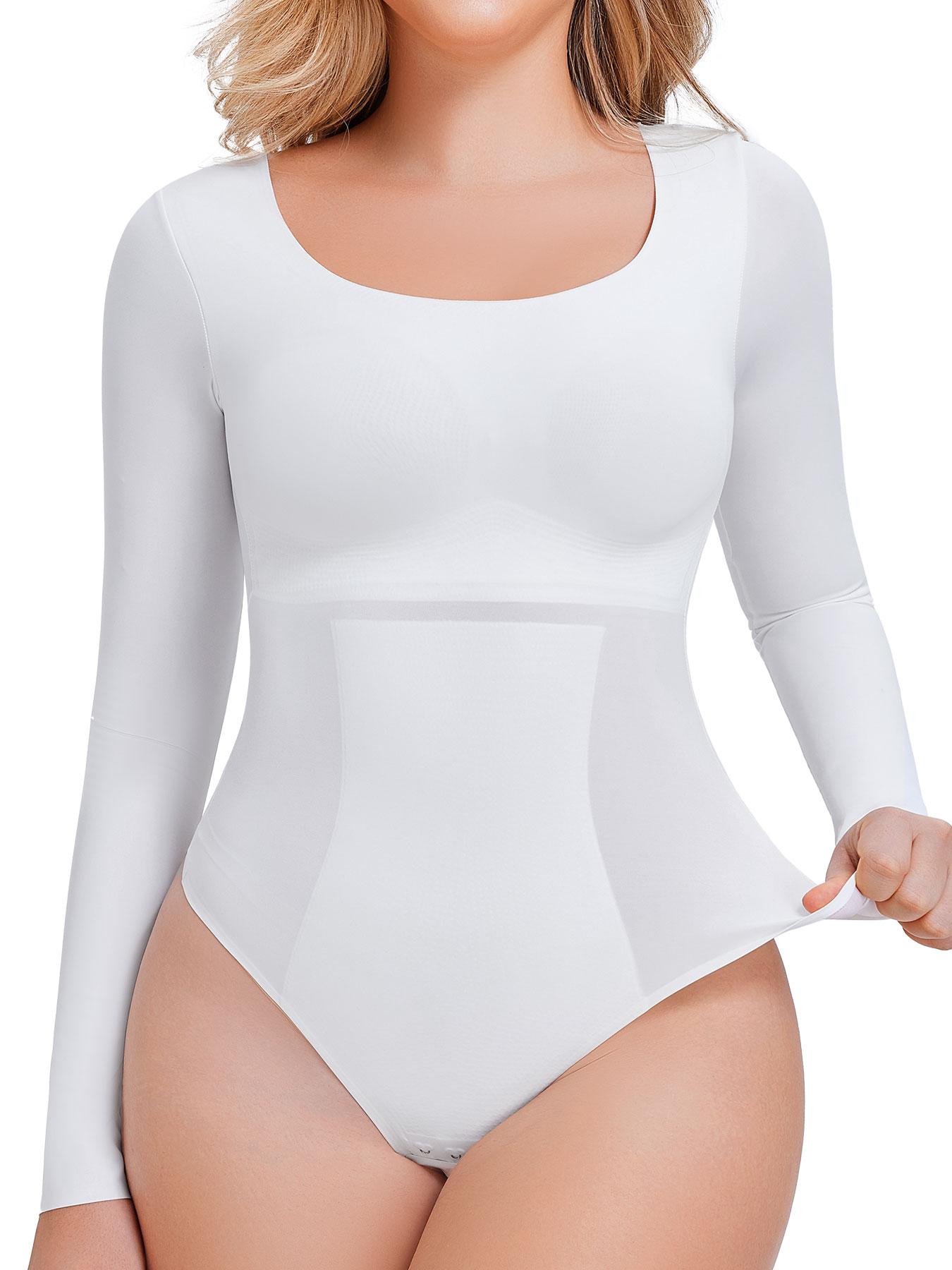 Women's Solid Smooth Round Neck Long Sleeve Shapewear Bodysuit, Hook & Eye Closure Crotch High Stretch Tummy Control Shaper, Ladies Shapewear for All Seasons, Womenswear