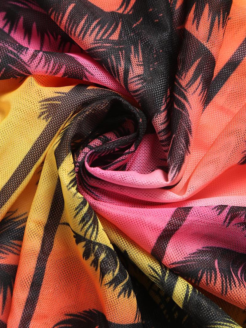 Women's Vacation Palm Tree Printed Halter Bikini Set With Tie Strings And Matching Bikini Set Cover-Up Skirt, Random Print, 4pcs/Set Summer Beach