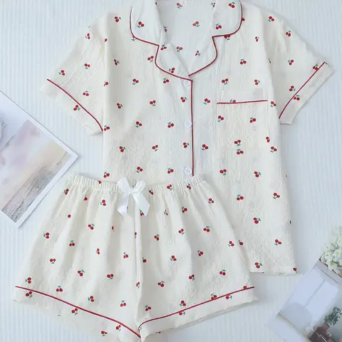 Two Counts Women's Cherry/Heart/Floral Print Lapel Pocket Shirt & Bow Decor Shorts Pyjama Set, Button Front Short Sleeve Top & Contrast Binding Shorts Pj Set, Casual Comfortable Sleepwear Loungewear Set for Women, Printed Sleepwear Set