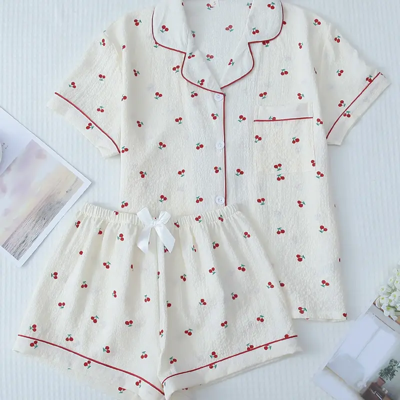 Two Counts Women's Cherry/Heart/Floral Print Lapel Pocket Shirt & Bow Decor Shorts Pyjama Set, Button Front Short Sleeve Top & Contrast Binding Shorts Pj Set, Casual Comfortable Sleepwear Loungewear Set for Women, Printed Sleepwear Set