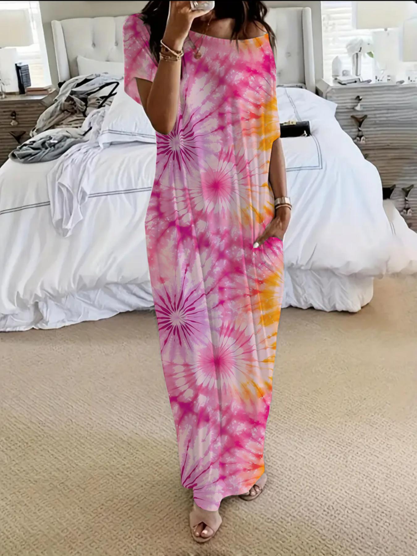 Women's Tie-Dye Butterfly Heart Print Sleepwear, Lady Leopard Coffee Color Round Neck Loose Fit Pajamas, Comfortable Soft Loungewear, Homewear