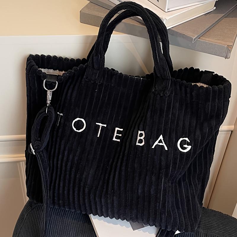 New Corduroy Women's Fashion Solid Color Soft Large Capacity Shoulder Bag with Letter Pattern Contrast Design Adjustable Strap Tote Bag Classic Square Work Bag for Work Shopping Dining as Gift