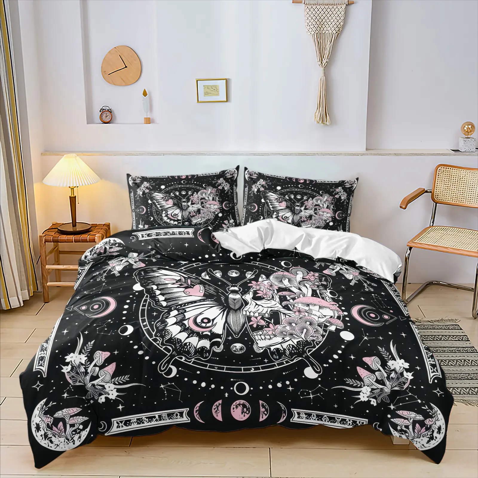 Boho Witchy Mystical Theme Duvet Cover Set, Include 1 Quilt Cover and 1/2 Pillowcases, Vintage Line Print of Moon Phases, Moth, Skulls & Wild Mushrooms Comforter Cover, Dark Forest Exotic Vibe Skin-friendly Breathable Bedding