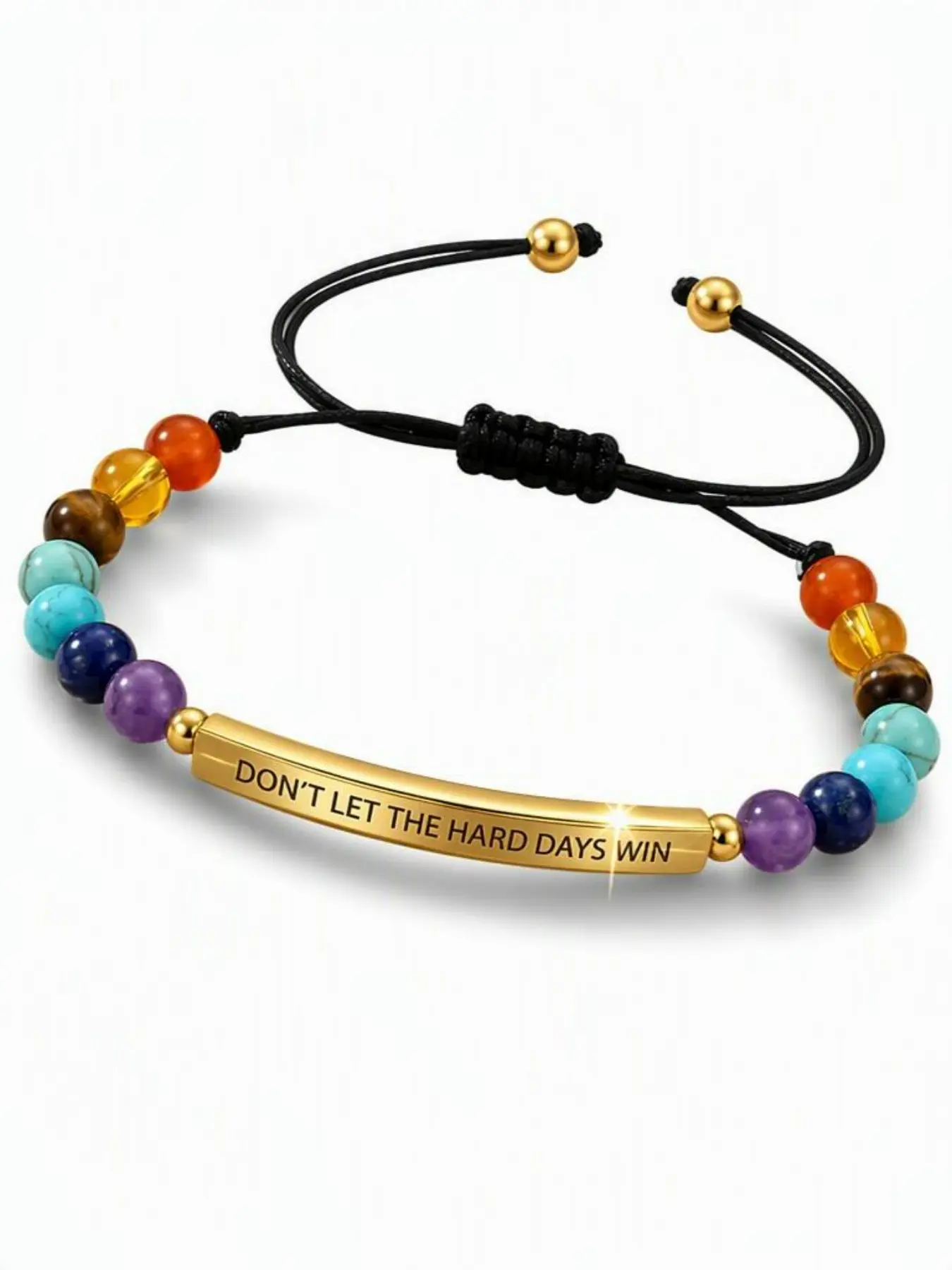 7 Chakra Natural Mixed Crystal Stone Beaded Braided Drawstring Bracelet, Engraved "Don't Let The Hard Days Win" Inspirational Curved Bar Adjustable Bracelet, Healing Positive Energy Motivational Beaded Jewelry, Unisex Encouragement Reminder Accessory, Per