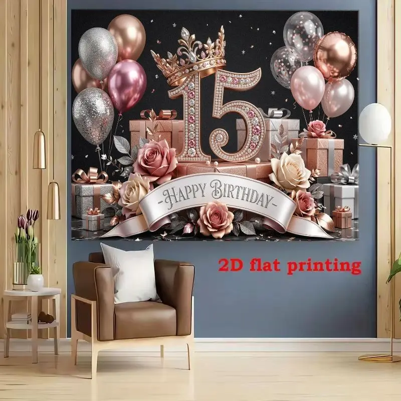 Rose Gold Crown 15th Anniversary Party Backdrop, Polyester Material, Multiple Sizes Available, Wedding, Birthday, Event Decor, Photo Background