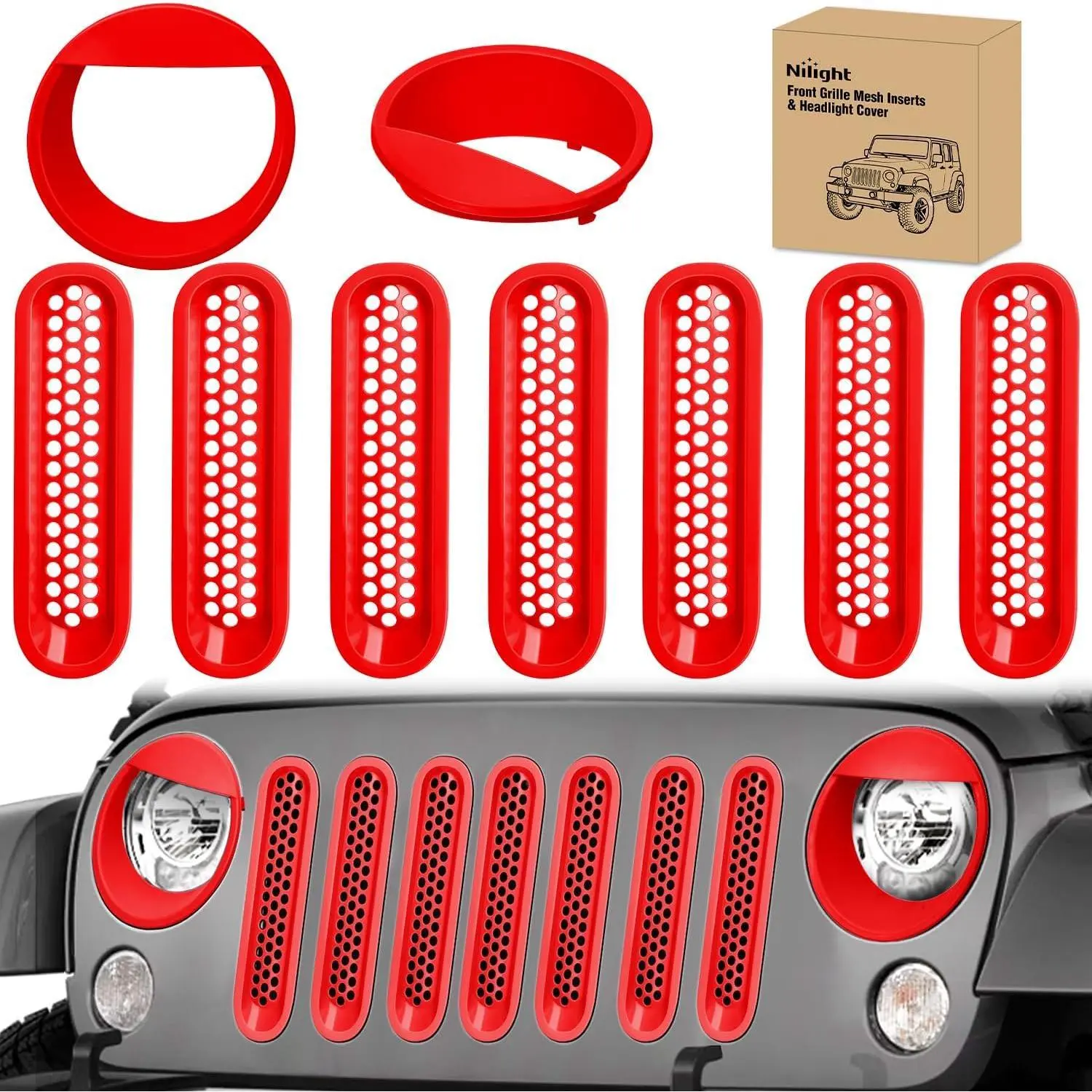 Nilight Red 9-Piece Grill Mesh Inserts & Headlight Cover Set, Clip-in Exterior Trim Accessories for Jeep Wrangler JK JKU Unlimited Sports Sahara Freedom Rubicon 2007-2018, Airflow Maintenance