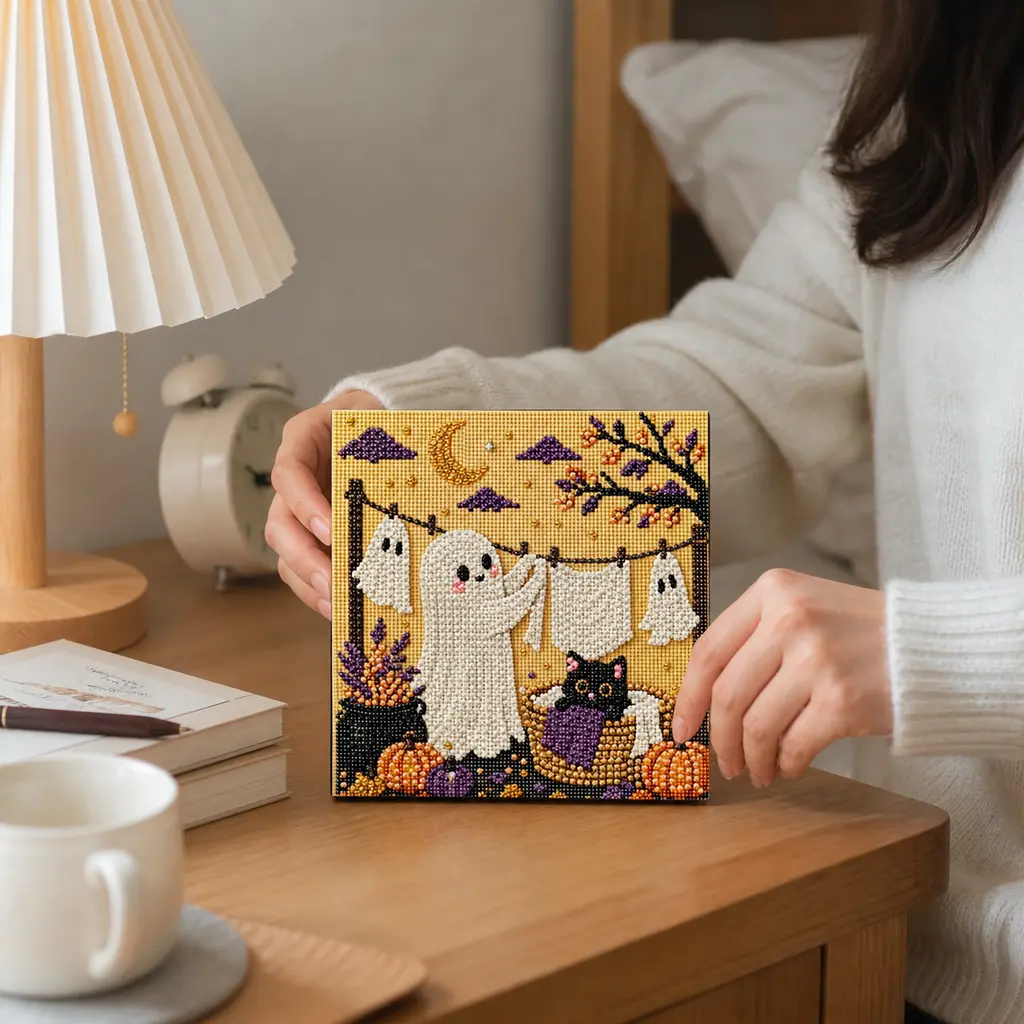 Halloween DIY Diamond Painting Kit with Ghost Cat Pumpkin Design, Pearl Art Home Decor Craft Set
