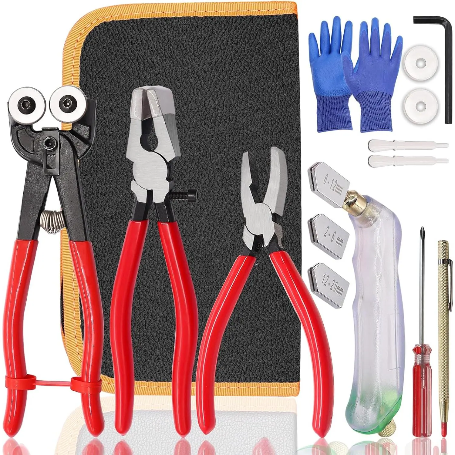 Glass Cutters Tools Mosaic Wheeled Glass Tile Nippers Running Pliers Breaker Grozer Pliers Stained Glass Cutting Tool Kit with Replacement Cutting Wheel Gloves Leather Bag
