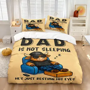 Funny Dad Highland Cow Print Duvet Cover Set, Dad Is Not Sleeping He’s Just Resting His Eyes Funny Quote, Soft Breathable, Includes 1 or 2 Pillowcases, Father's Day Gift, Modern Bedroom Decor