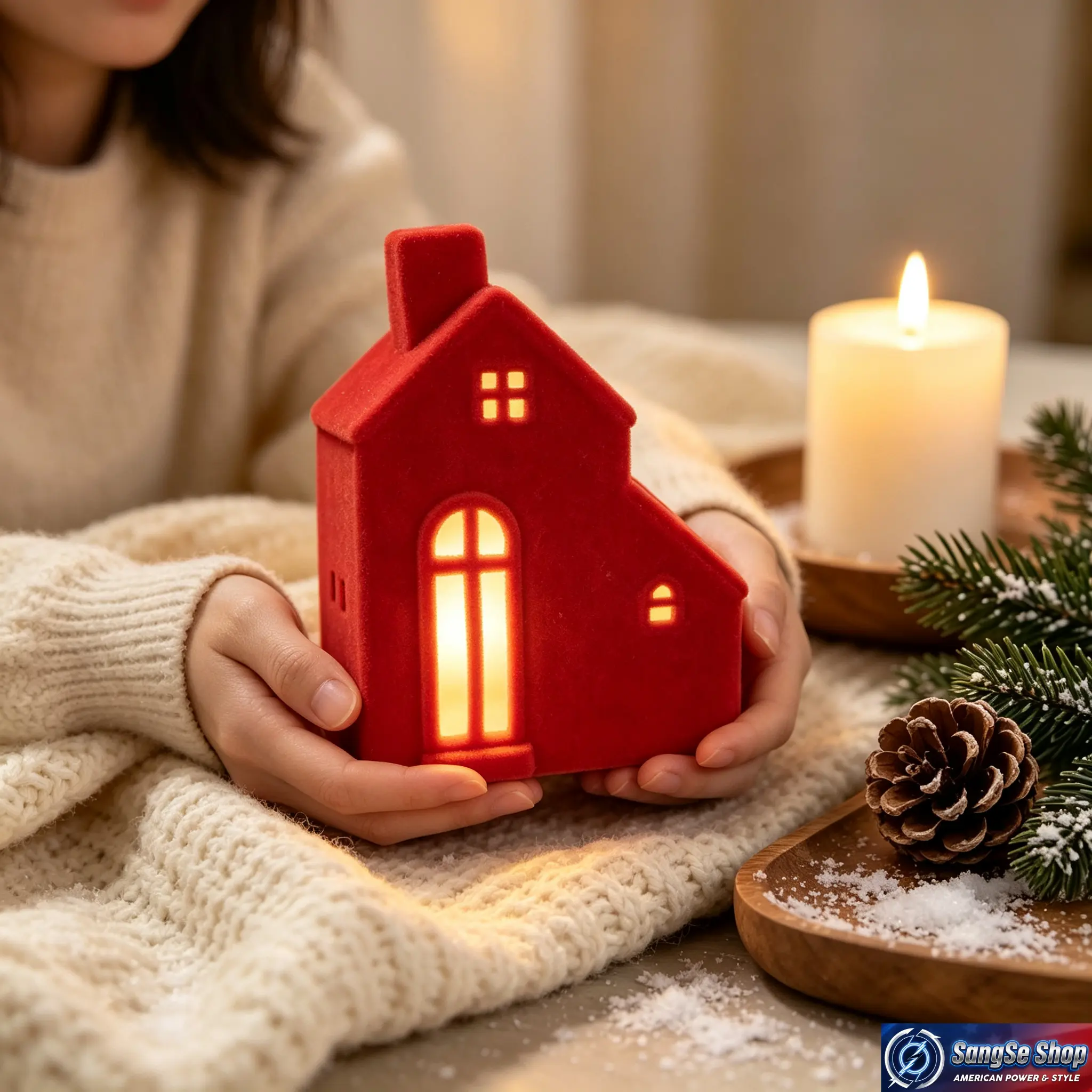 Red Velvet Flocked House Tealight Candle Holder, Cozy Christmas Village Cottage Lantern, Hollow Window Tabletop Candle Decor for Winter Farmhouse, Mantel, Shelf, Dining Table, Holiday Home Decoration & Seasonal Gift
