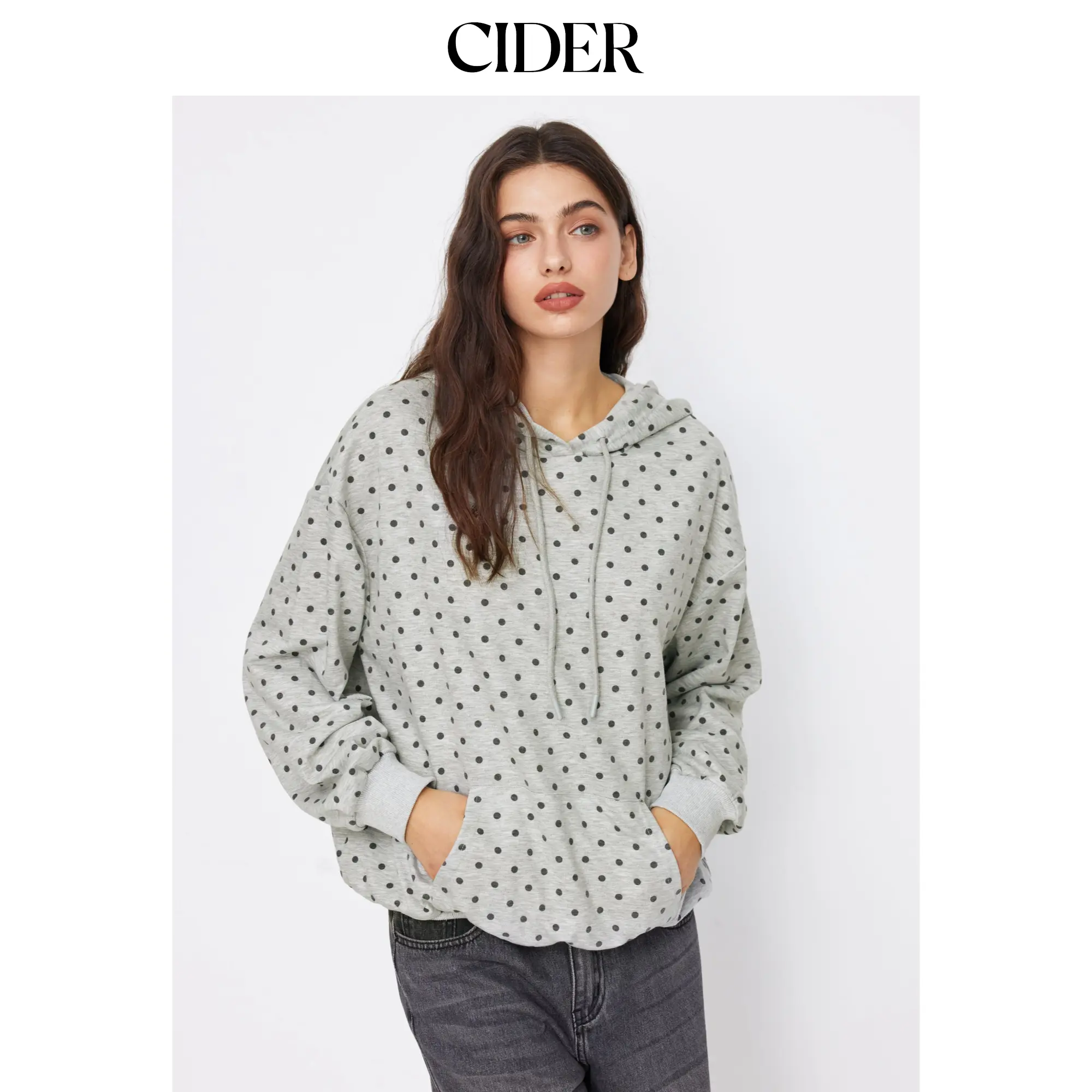 Cider Terry Polka Dot Long Sleeve Drawstring Hoodie SohoChic