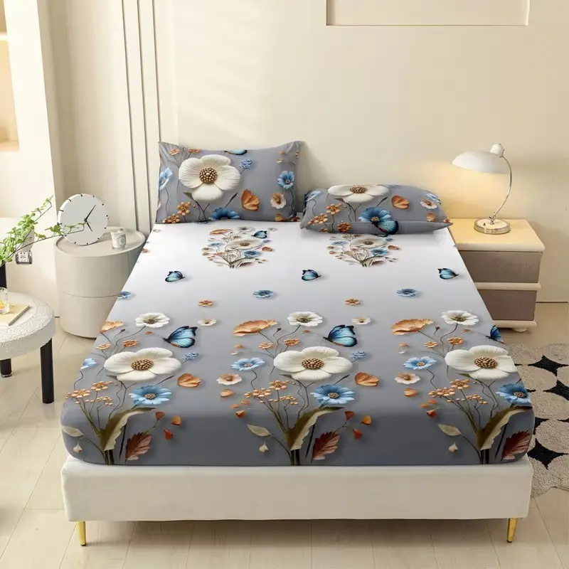 3pc Light Gray Butterfly Flower Printed Bed Cover Set - Bedding Sets - 2D Flat Pattern | 2 pillow covers + 1 bed cover | King Queen | Non-detachable and easy to clean | Suitable for master bedrooms, guest rooms, dormitories | Suitable for all seasons