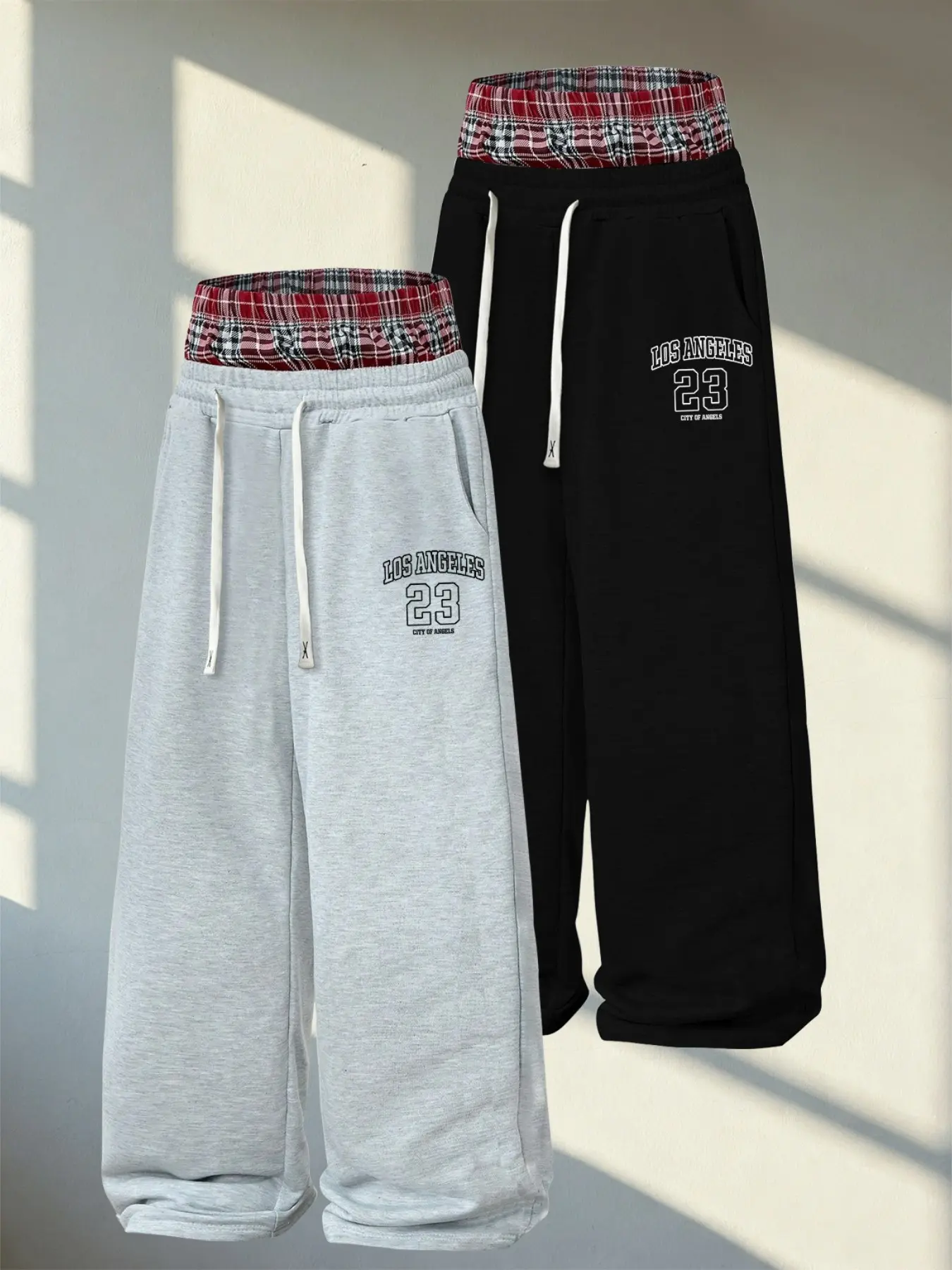 2-Pack Men's Layered Waistband Sweatpants, Los Angeles 23 Pattern Print Fake Two-Piece Wide Leg Straight Pants, Casual Loose-Fit Long Pants for All Seasons