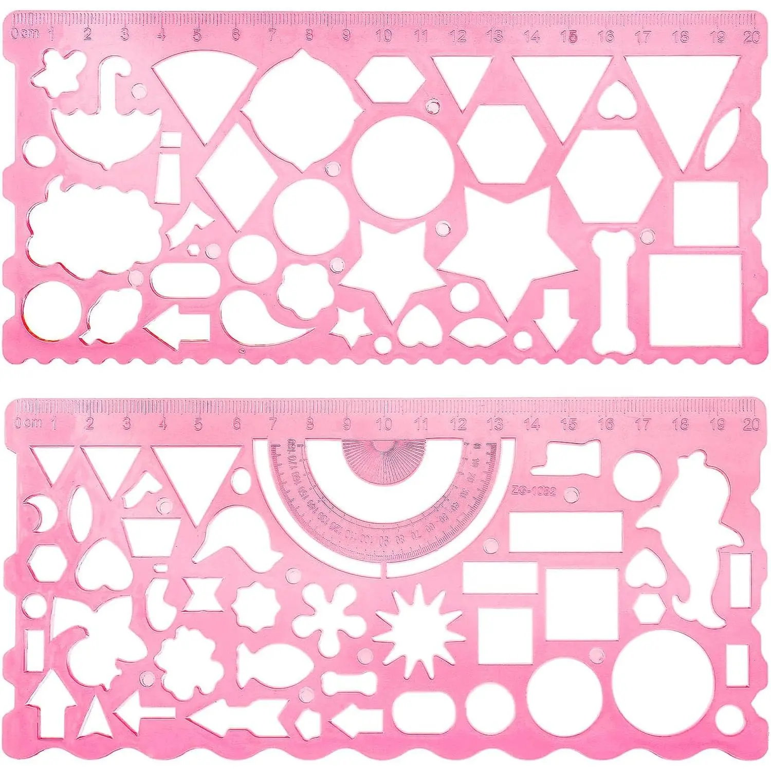 2 count Geometric Drawings Templates, Multi-Shaped Drafting Stencils, Plastic Measuring Templates Rulers Clear Drawing Triangle Tool Protractor Set for Studying Designing Office(Red)