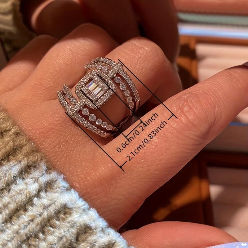 Double-Sided Wide Sparkling Zirconia Ring for Women, Vintage Inlaid Square Zirconia Hollow Design, Elegant Statement Ring for Party Banquet and Daily Casual Wear, High Quality Fashion Jewelry