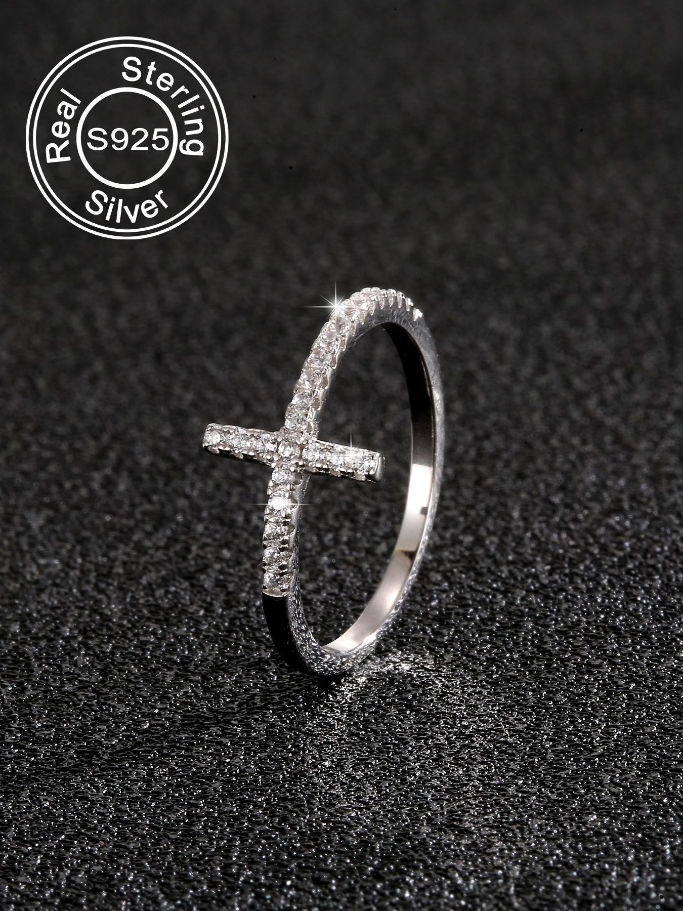 925 Sterling Silver Fashion Cross Design Cuff Ring, Adjustable Open Ring for Women & Girls, Trendy All-match Elegant Ring & Exquisite Jewelry for Birthday Gift
