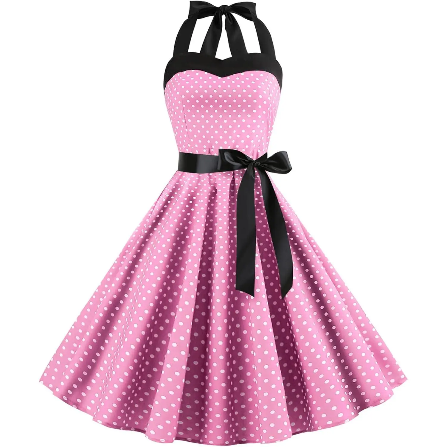 Vintage Women 1950s Rockabilly Swing Dress  50s Retro Hepburn Style Halterneck A-Line Dresses