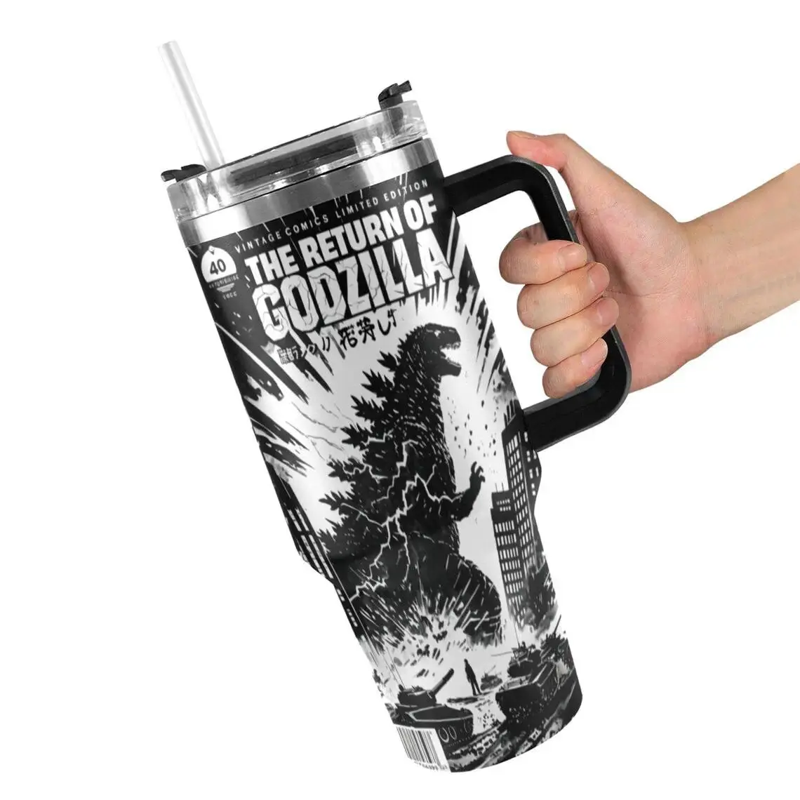 40oz Godzilla Insulated Stainless Steel Vacuum Flask Tumbler - Reusable, Leak-Proof, Portable Drinkware with 3-in-1 Rotating Lid, Handle, Straw, Tapered Base (15x11.5x28cm, 1000-2000ml), Plants-Themed Option - Gift for Monster Fans, Teacher Appreciation,