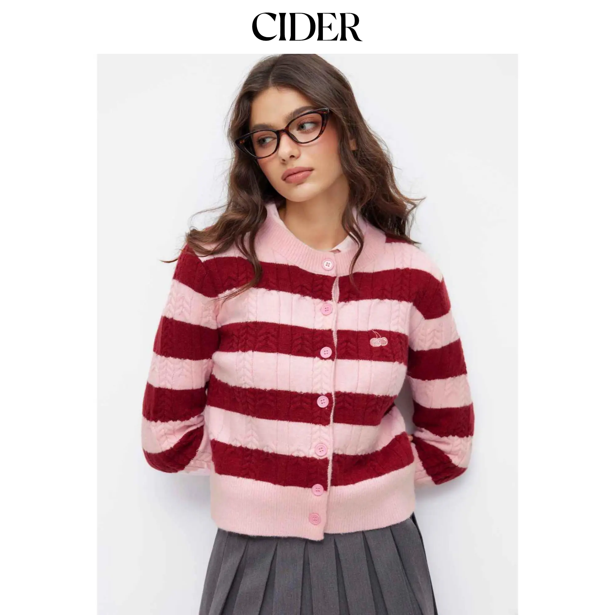 Cider Cable Knit Striped Cherry Embroidery Round Neckline Long Sleeve Cardigan SohoChic