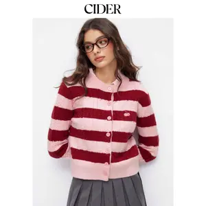Cider Cable Knit Striped Cherry Embroidery Round Neckline Long Sleeve Cardigan Dealsforyou