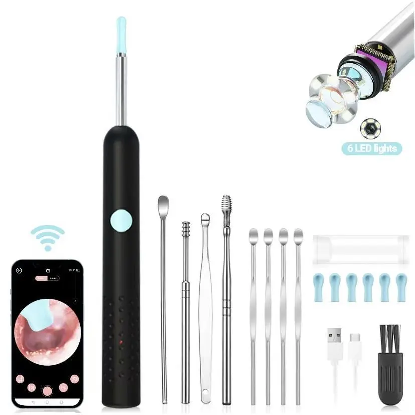 Ear Wax Removal, Ear Cleaning kit with 1296P Camera, Ear Camera, Earwax Remover Tool for iPhone, iPad & Android, Ear Cleaner Earwax Removal Kit Black removal tool set was toolkit earpick wax removal tool wireless clean gentle pick remival wide angle