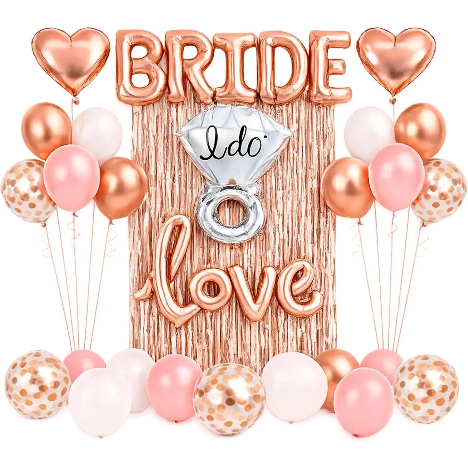 Rose  Bridal Shower Decorations Kit (32 PCS) for Bride to Be – BRIDE and Love Balloons, I Do Ring, Heart Balloons, Confetti & Latex Balloons, Backdrop Curtain for Bridal & Bachelorette Party