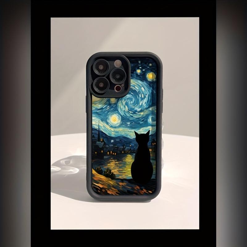 Phone Case: Suitable for iPhone 17 E Air Pro ProMax iPhone16 15 14 Plus 13 12 Mini 11 X XS XR, Black, Featuring a Cat Looking at the Stars from Among Tall Bamboos