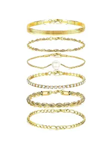 6 Pcs Dainty Golden Stainless Steel Stack Bracelets Snake Faux Pearl CZ Rope Figaro Thin Chain Wristbands for Women Men Classic Delicate Chain Styles Minimalist Elegant Golden Design Free Layered Stacking for Commuting Dating Travel Photos