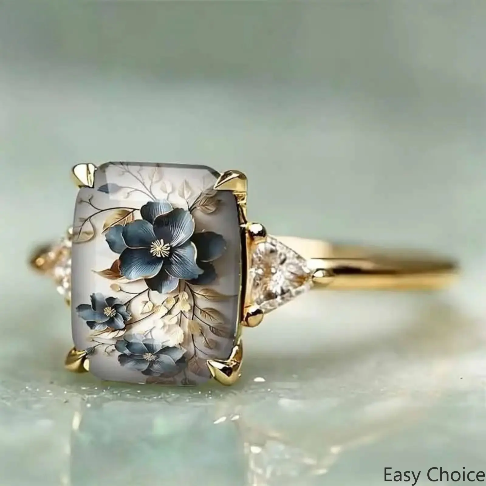 Blue Floral Art Ring for Women, Vintage Style Finger Jewelry with Oil Painting Effect for Daily Wear, Parties, and Gifting Artistic Flair Elegant Design