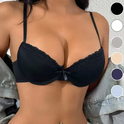 【Black Friday】Sexy Lace Push-Up Underwire Bra for Women with Deep-V Cups and Bow Detail, Comfortable Everyday Lingerie, Ideal Gift