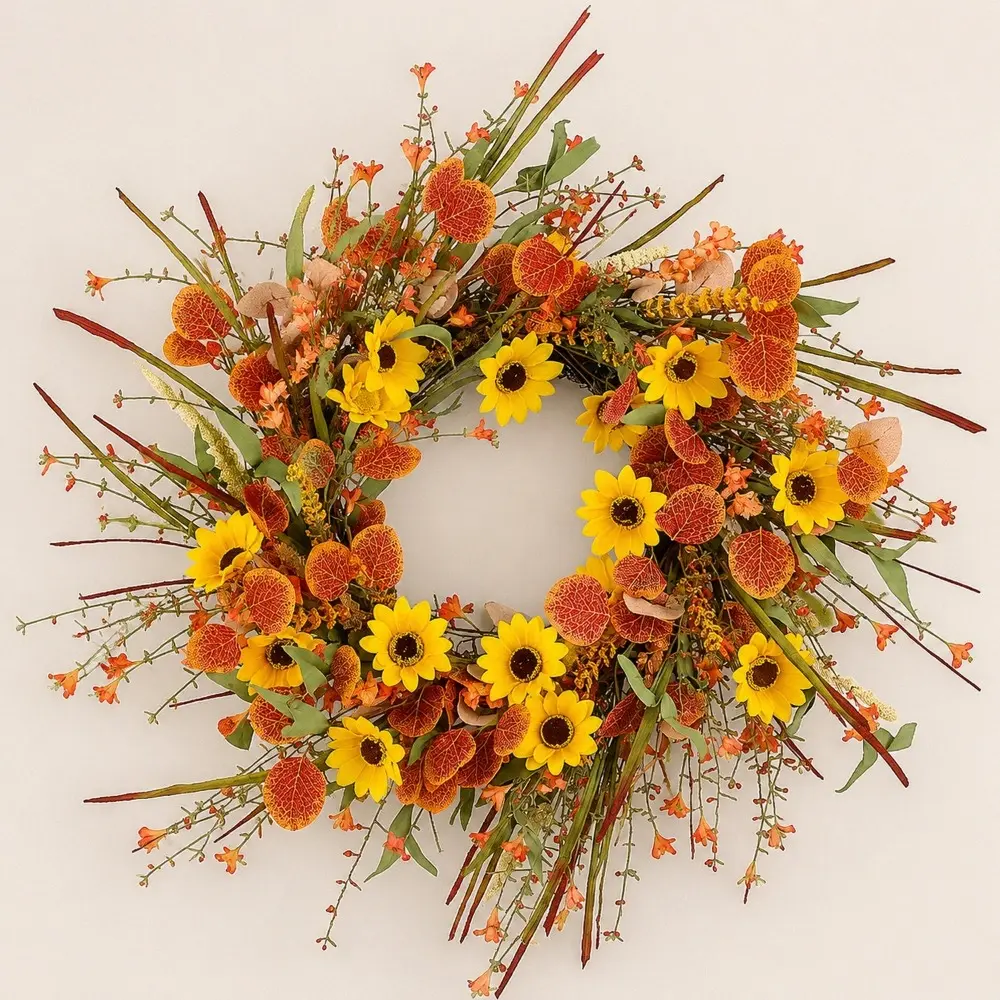 Fall Sunflower Wreath Artificial Autumn Wreath with Orange Red Veined Leaves Wheat Stalks and Yellow Flowers for Front Door Thanksgiving Harvest Farmhouse Home Wall Decor