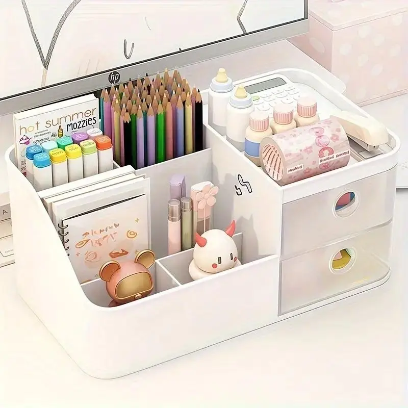 1 Counts Large capacity multi compartment desktop storage box with 6 compartments and 2 drawers, multifunctional office organization, Office Organizer, Multi Purpose Organizer, bedroom desk and drawer storage, used for home storage, Office Accessories