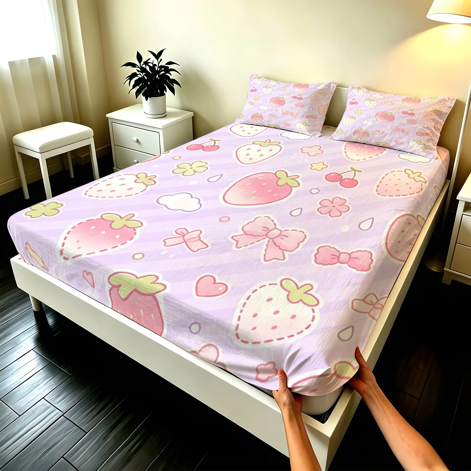 3pcs Fitted sheet Strawberry Bow Cute Pastel Print Bedding Set, Popular Trending Soft Microfiber Fitted Sheet Set, Wrinkle Resistant Fade Proof Breathable Comfortable, Fits Twin Full Queen King Size, Perfect for Bedroom Guest Room Home Use Bedsheet Set
