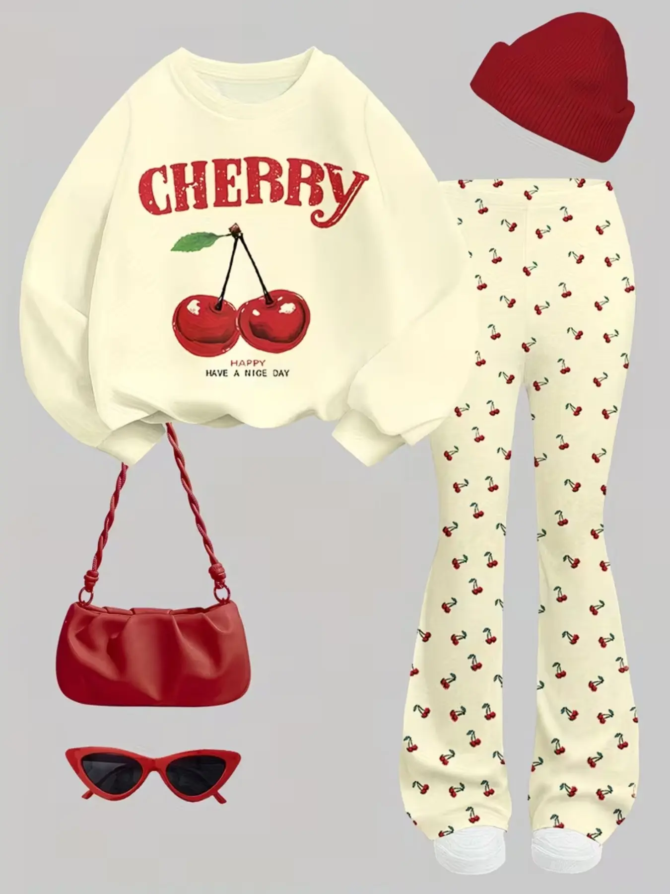 Youth Casual Fashion Cherry Print Sweatshirt and Bell Bottoms Set, Digital Print Fitted Suit for Spring & Fall, 2-Piece