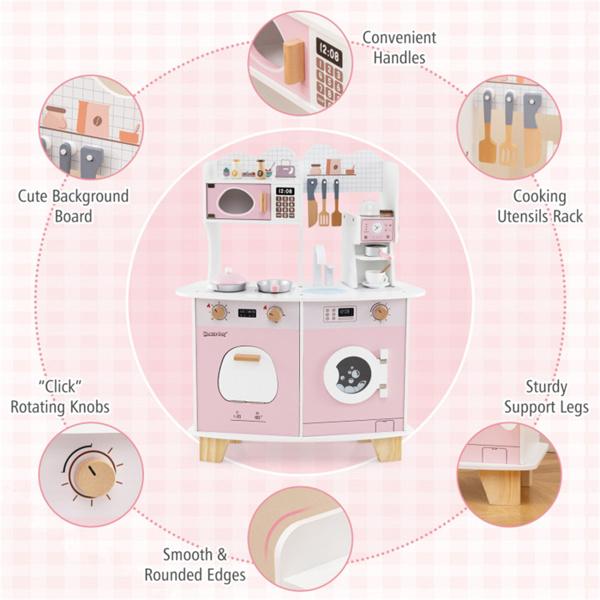 Pink Kids Coffee Kitchen Playset with Microwave Oven Stove for 3+ Years Old