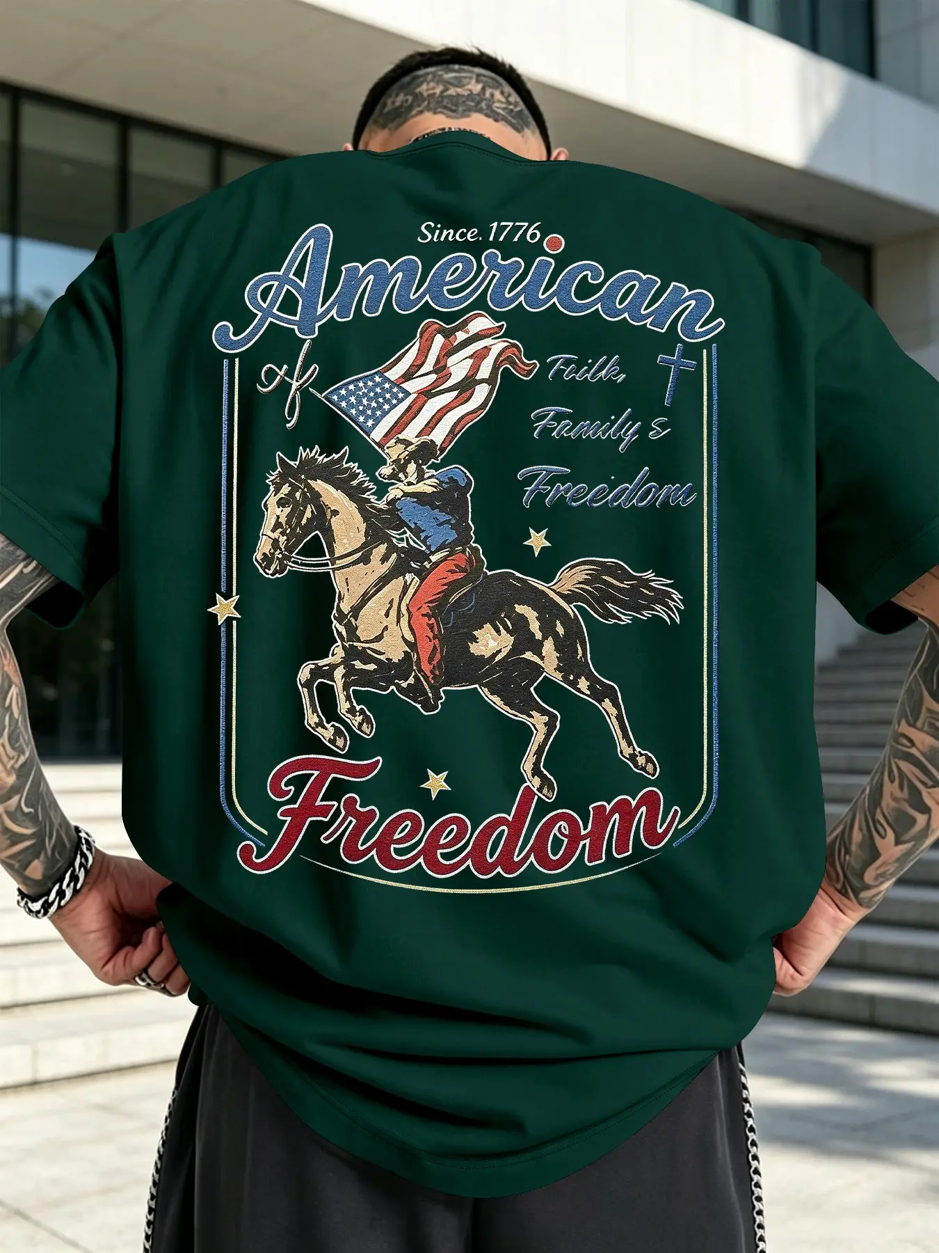Men's Round Neck Short Sleeve T-Shirt, American Retro Western Cowboy Riding Print, Breathable Soft Fabric, Casual Daily Wear, Fitness