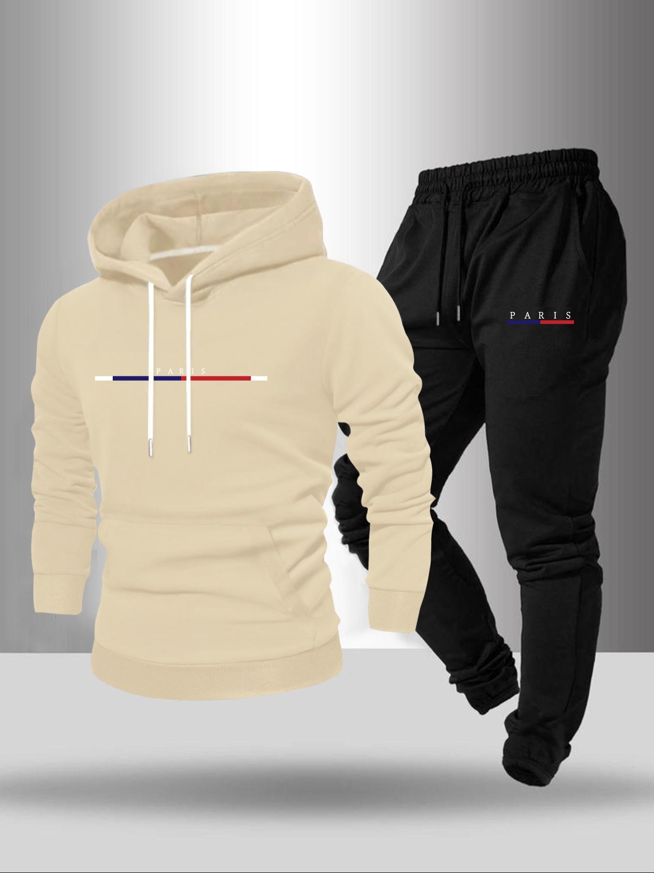 Men's Letter Print Drawstring Hoodie & Pocket Sweatpants Set, Casual Regular Fit Long Sleeve Hooded Sweatshirt & Jogger Pants, Fall & Winter Menswear, Streetwear Tracksuit