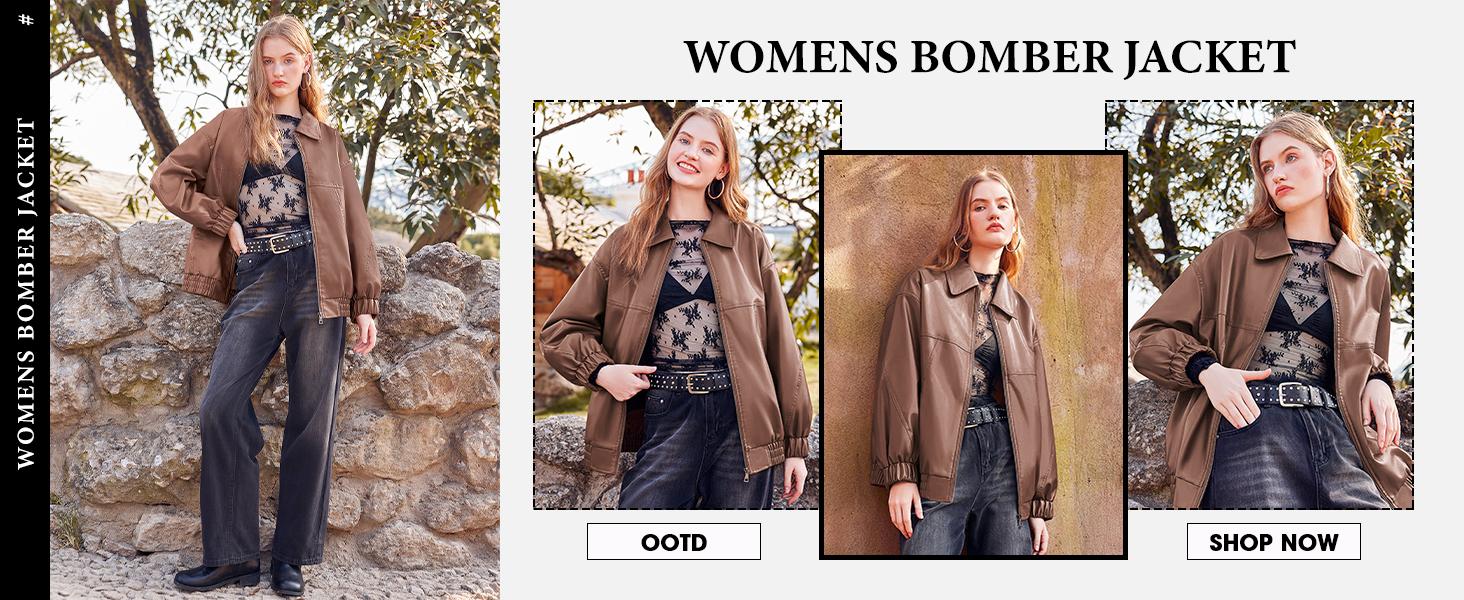 Yousify Womens Leather Jacket Oversized Faux Casual Zip Up Bomber Motorcycle Jackect Trendy Fall Winter Clothes S-XXL