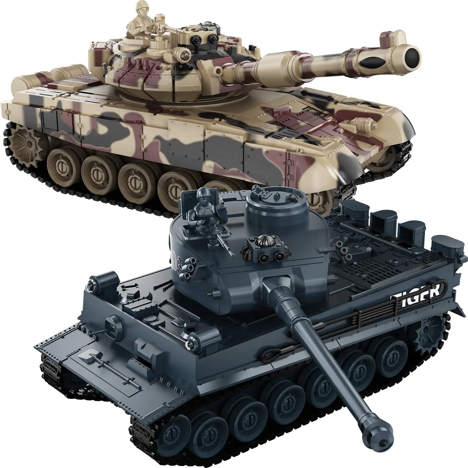 1/24 Battle Tank Set Toy Tanks with Life Indicators and Spray, 2.4G Remote Control with Realistic Sounds and Lights, Army Toys for Boys Aged 6+ Ideal Gifts for Kids and Adults