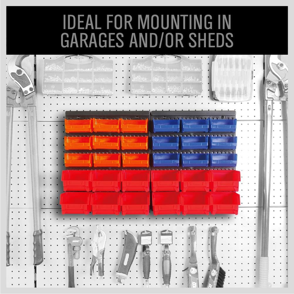 30-Bin Wall-Mounted Storage Rack System - Heavy-Duty Garage Tool Organizer for Screws, Nuts, , Nails, Beads, and Small Hardware Parts - Easy Installation and Customizable Red Blue Orange