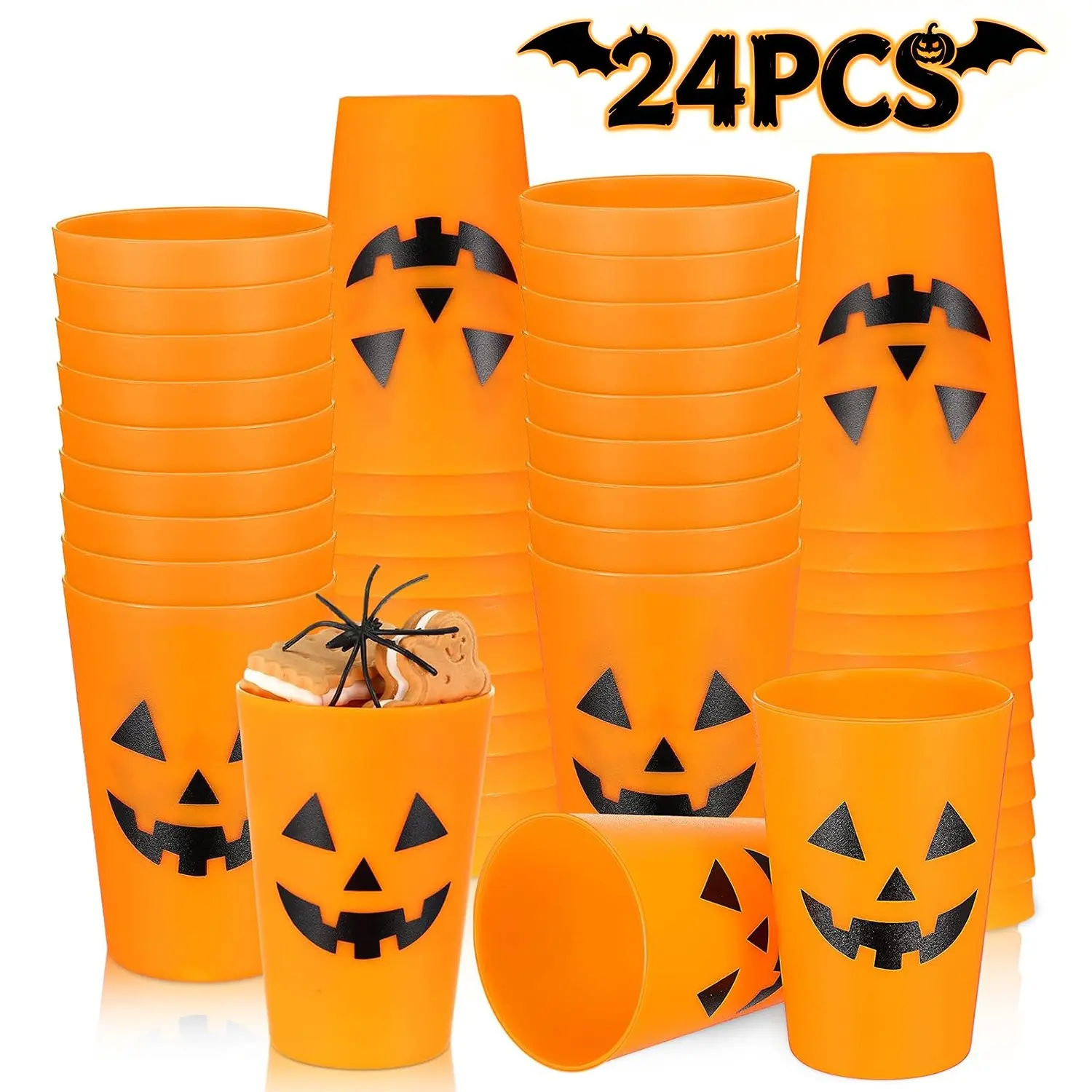 24 Pack Halloween Pumpkin Plastic Cups, Halloween Party Cups, Halloween Trick or Treat Cups for Kids, Reusable Orange Jack-O'-Lantern Party Cups, BPA Free Drinking Cups for Halloween Party Favors, Trick or Treat, Spooky Party Supplies