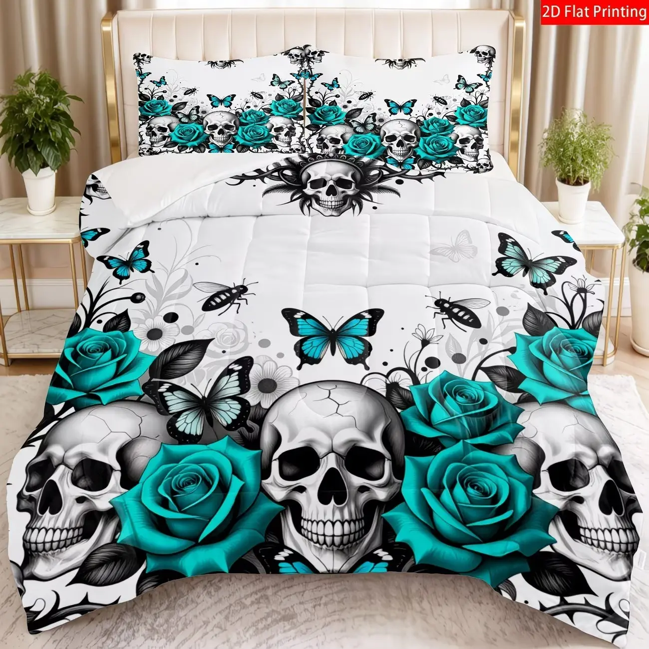 3 Gothic Skeleton Bedding Quilted Quilt Set Halloween Bedroom Decoration Bedding (1 Quilt+2 Pillowcases, Excluding Pillow Core) - Polyester Fiber, Machine Washable